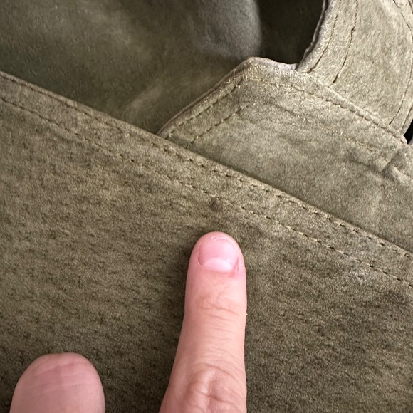 Vintage Don't Stop Genuine Suede Leather Olive Green Khaki Short Overalls Sz XS - Picture 8 of 9